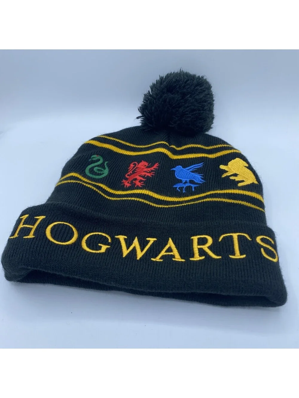 Harry Potter Hogwarts Houses Embroidered Beanie Hat Pom Pom Black